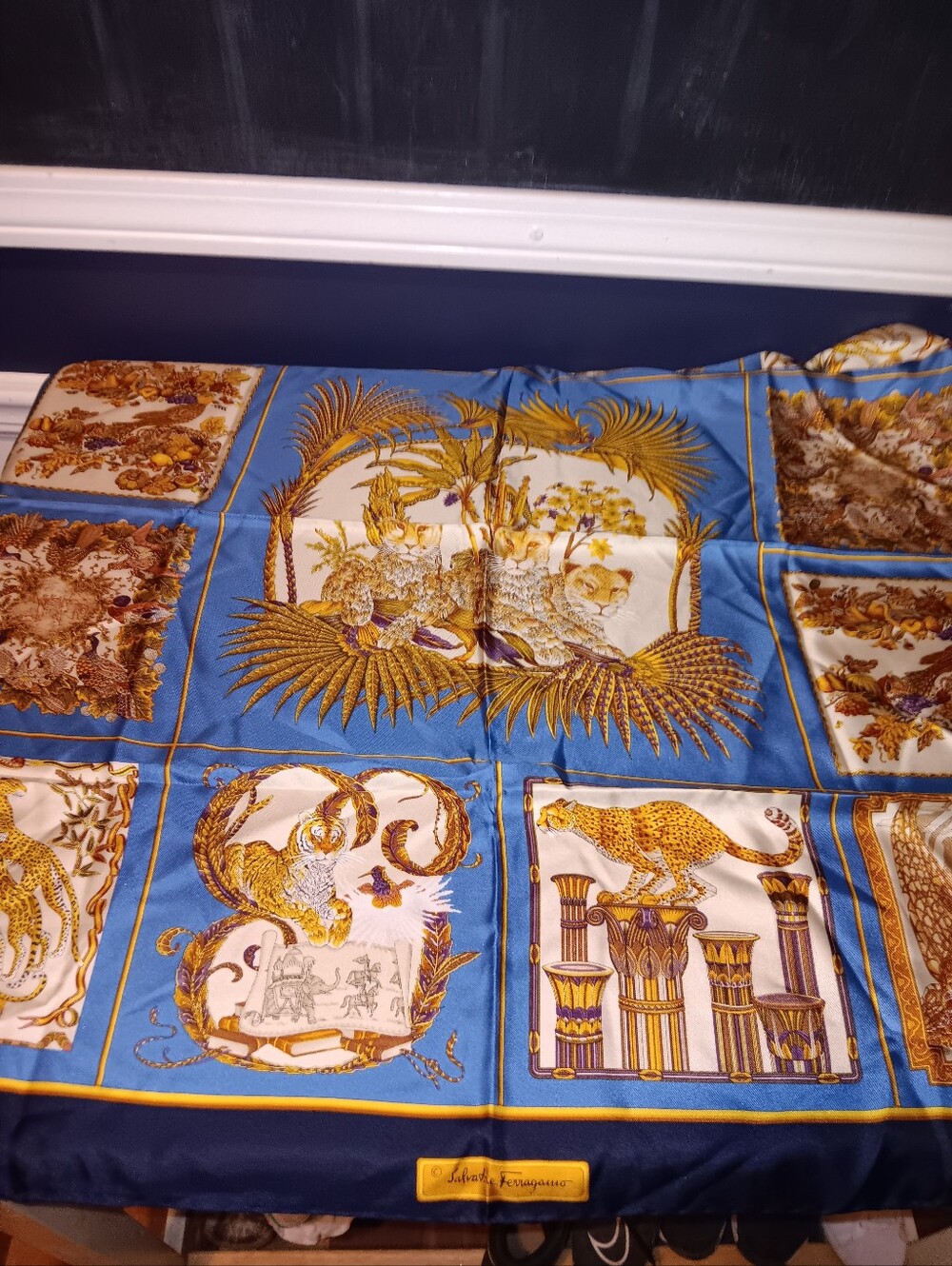 Salvatore Ferragamo Blue, Gold and Cream Big Cat Silk Scarf